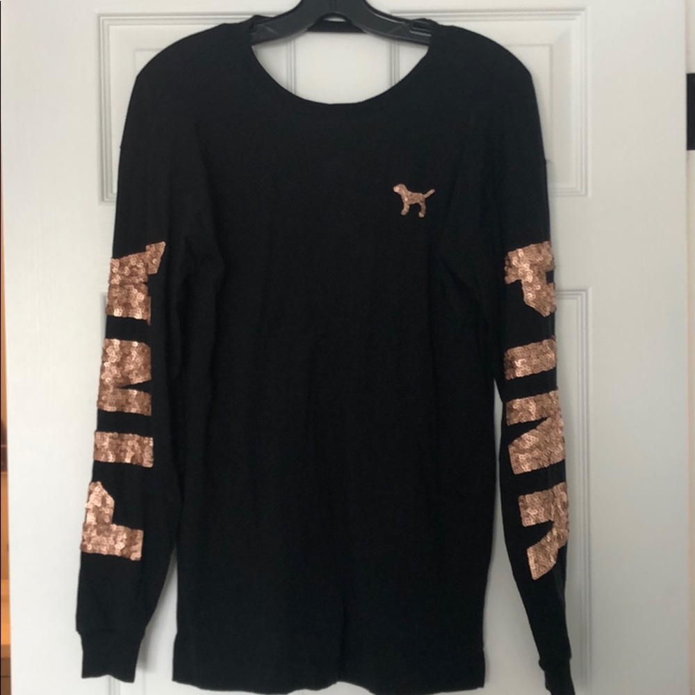 Black long sleeved PINK shirt w/ rose gold sequins